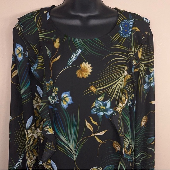 XL COUNTERPARTS BLACK FLORAL TROPICAL PRINT BLOUSE  LONG SLEEVE GREEN - Picture 12 of 13